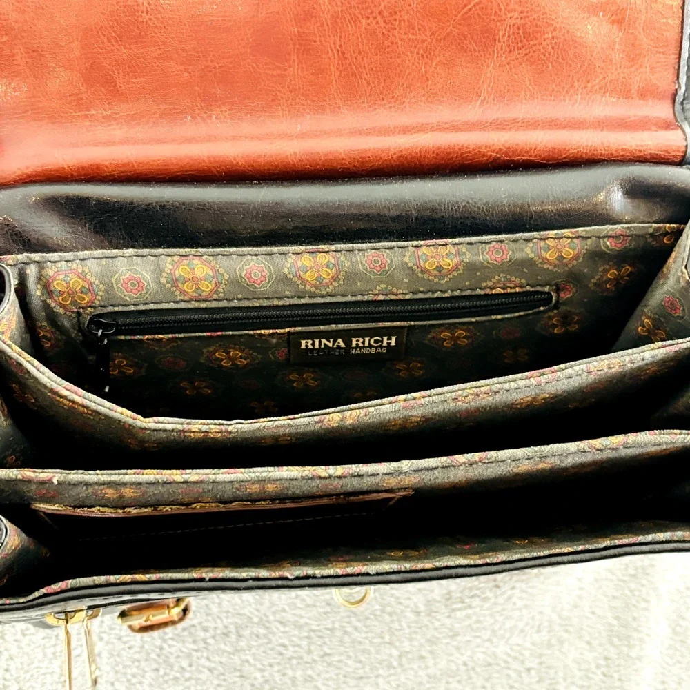Vintage Rina‎ Rich Handbag Top Handle Purse Black Brown Leather Missing Strap